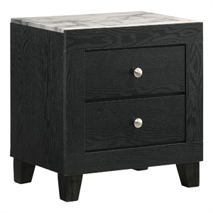 Pemberly Row 23&quot 2 Drawer Nightstand White Marble Top Metal Knobs in Black