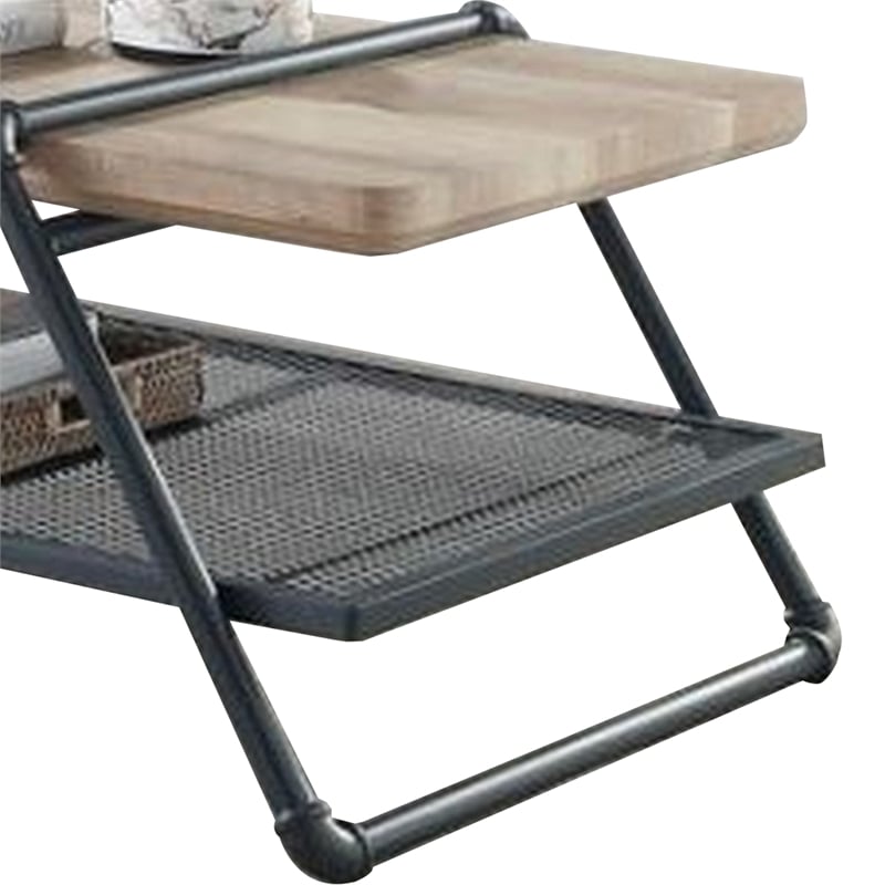 Pemberly Row Coffee Table with Wooden Top and Mesh Shelf Brown and Black