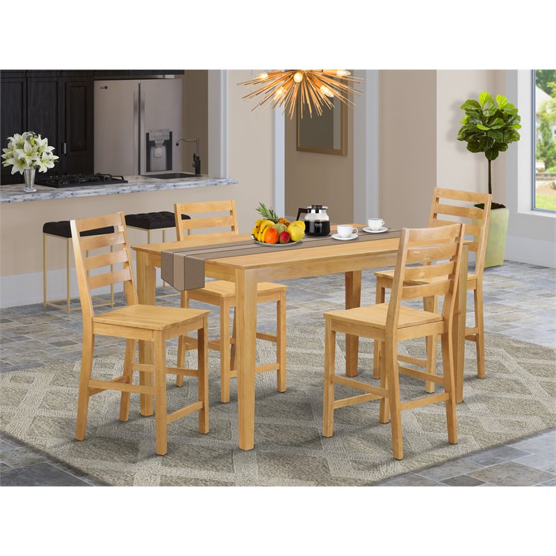 Pemberly Row 5-Piece Rubber Wood Pub Dining Set with Chairs in Oak