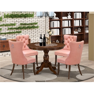 Pemberly Row 5-Pc Round Walnut Kitchen Table Set with Beige Red Chairs