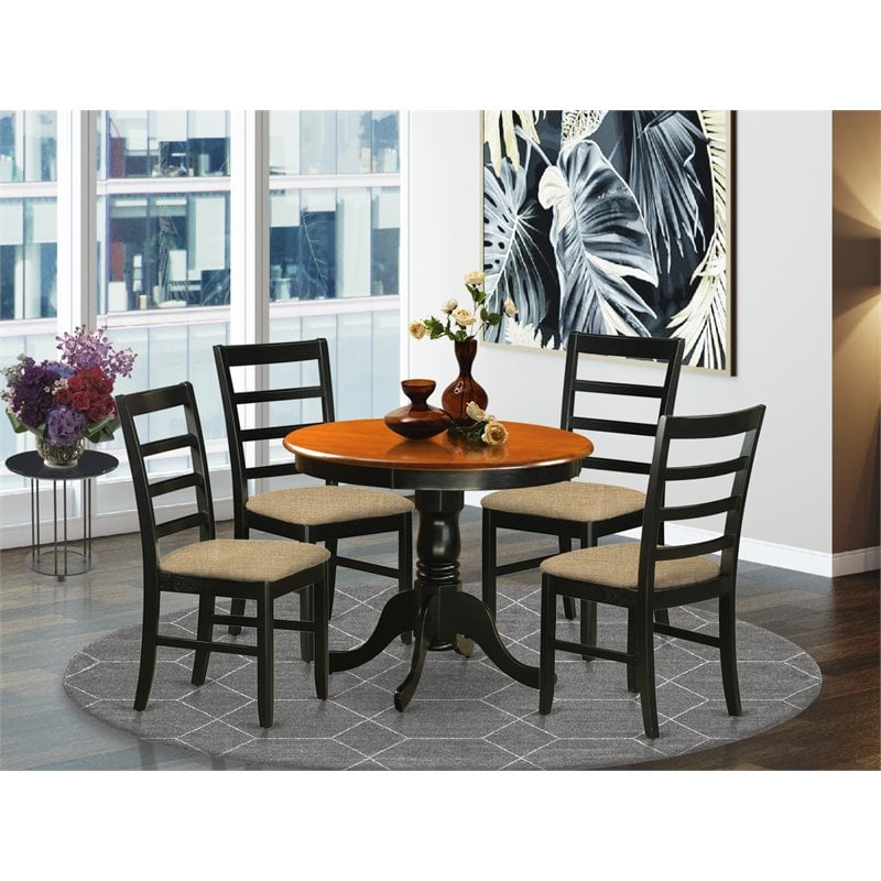 Pemberly Row Antique 5-Piece Dining Set with Linen Seats in Black/Cherry