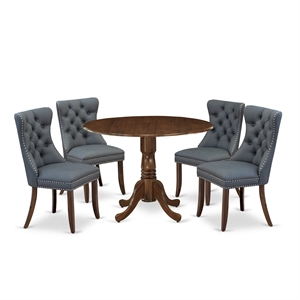 Pemberly Row 5-Piece Drop-Leaf Round Dining Set in Walnut/Gray Wood Finish