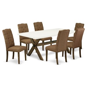 Pemberly Row X-Style 7-Piece Wood Dining Set in Brown Smoke Finish