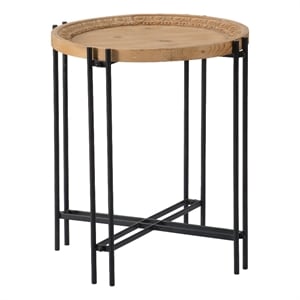 Pemberly Row 24&quot Side Table Modern Round Tabletop Carved Wood Iron Frame