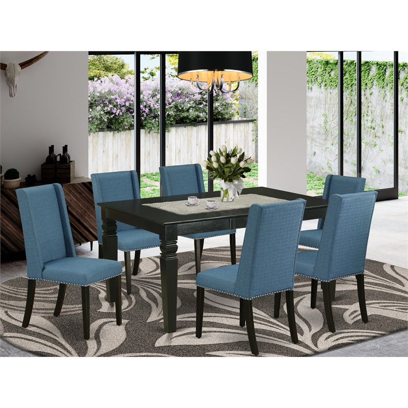 Pemberly Row 7-Piece Dining Set in Black and Mineral Blue Fabric