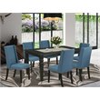 Pemberly Row 7-Piece Dining Set in Black and Mineral Blue Fabric