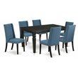 Pemberly Row 7-Piece Dining Set in Black and Mineral Blue Fabric