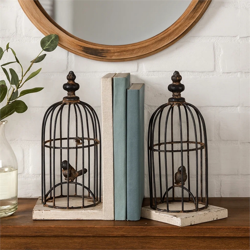 Pemberly Row Set of 2 Classic Bookends Birdcage Iron and Fir Wood