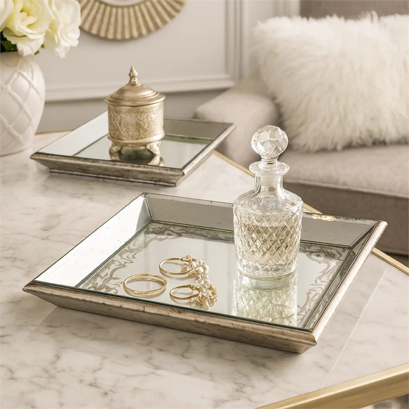 Pemberly Row Set of 2 Square Serving Trays Decorative Vintage Mirrored