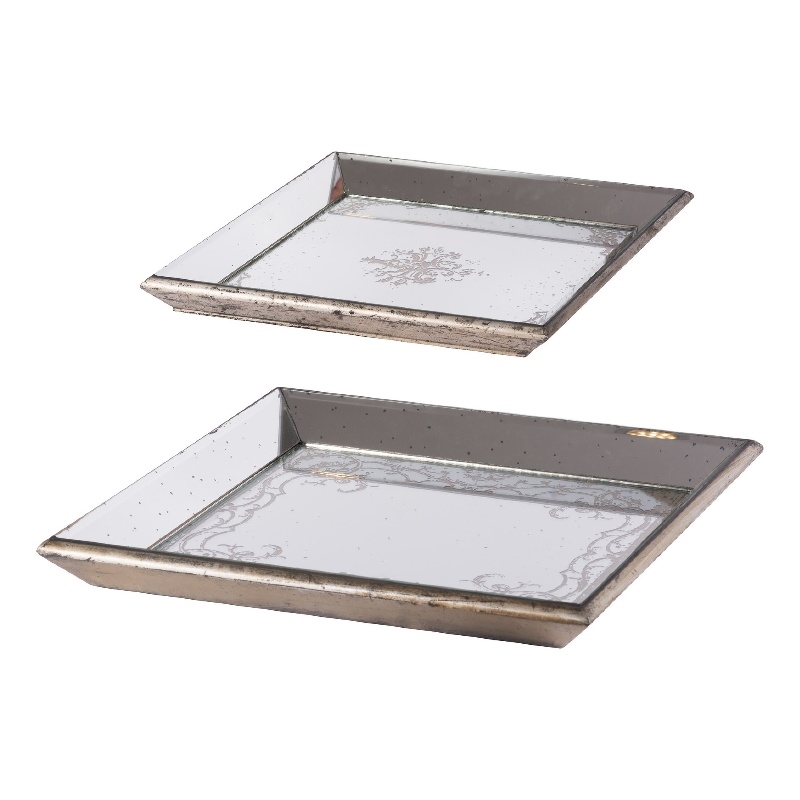 Pemberly Row Set of 2 Square Serving Trays Decorative Vintage Mirrored