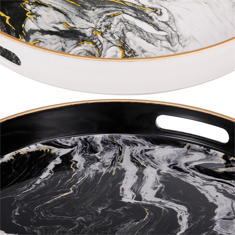 Pemberly Row Set of 2 Round Accent Trays Marbling Black White