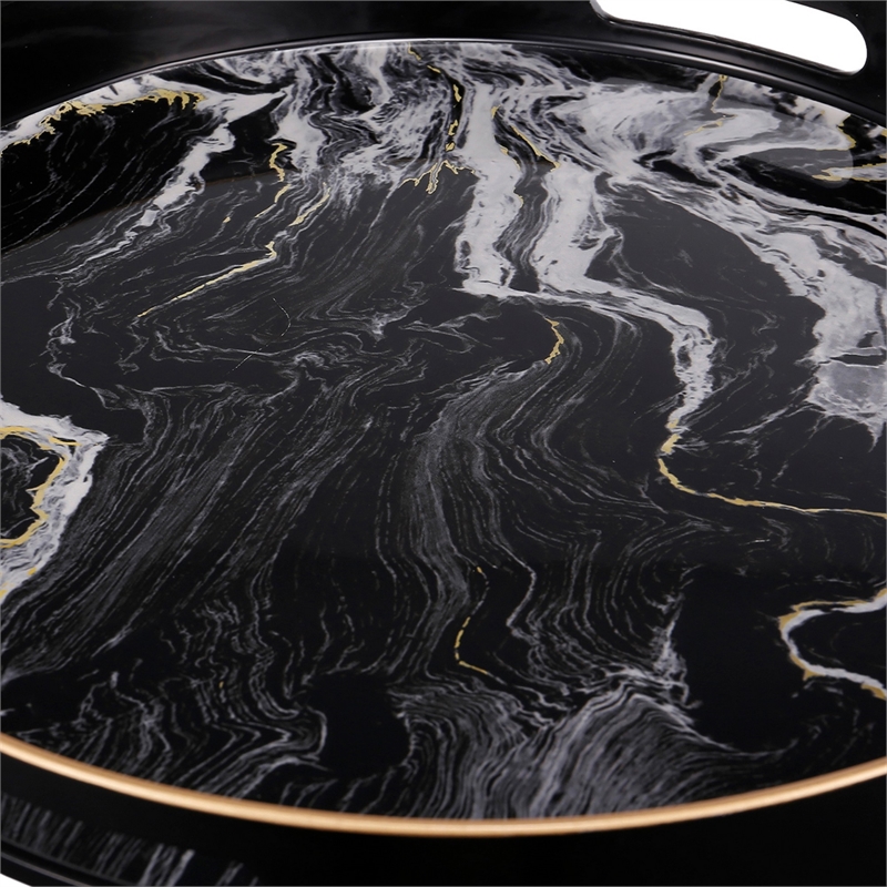 Pemberly Row Set of 2 Round Accent Trays Marbling Black White