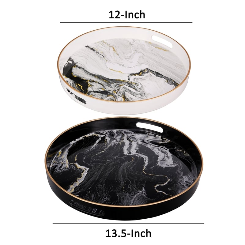 Pemberly Row Set of 2 Round Accent Trays Marbling Black White