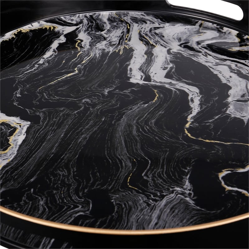 Pemberly Row Set of 2 Round Accent Trays Marbling Black White