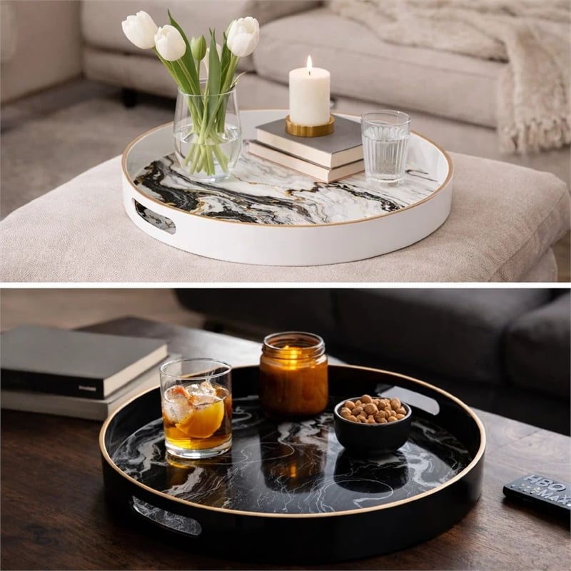 Pemberly Row Set of 2 Round Accent Trays Marbling Black White