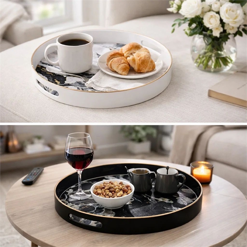 Pemberly Row Set of 2 Round Accent Trays Marbling Black White