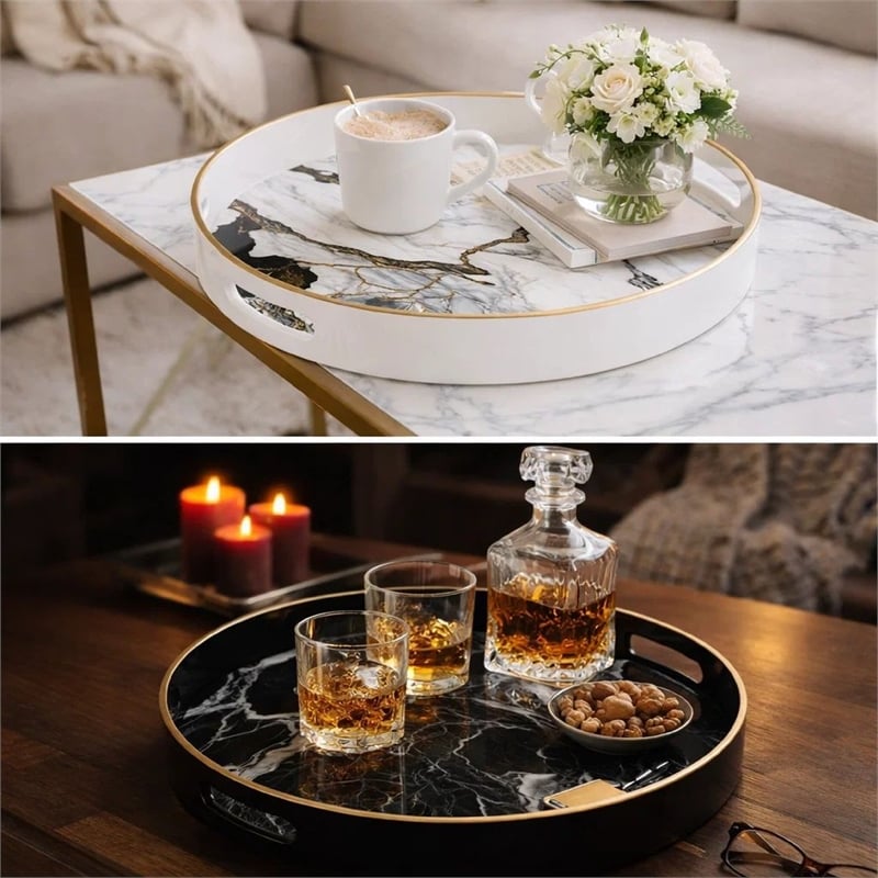 Pemberly Row Set of 2 Round Accent Trays Marbling Black White