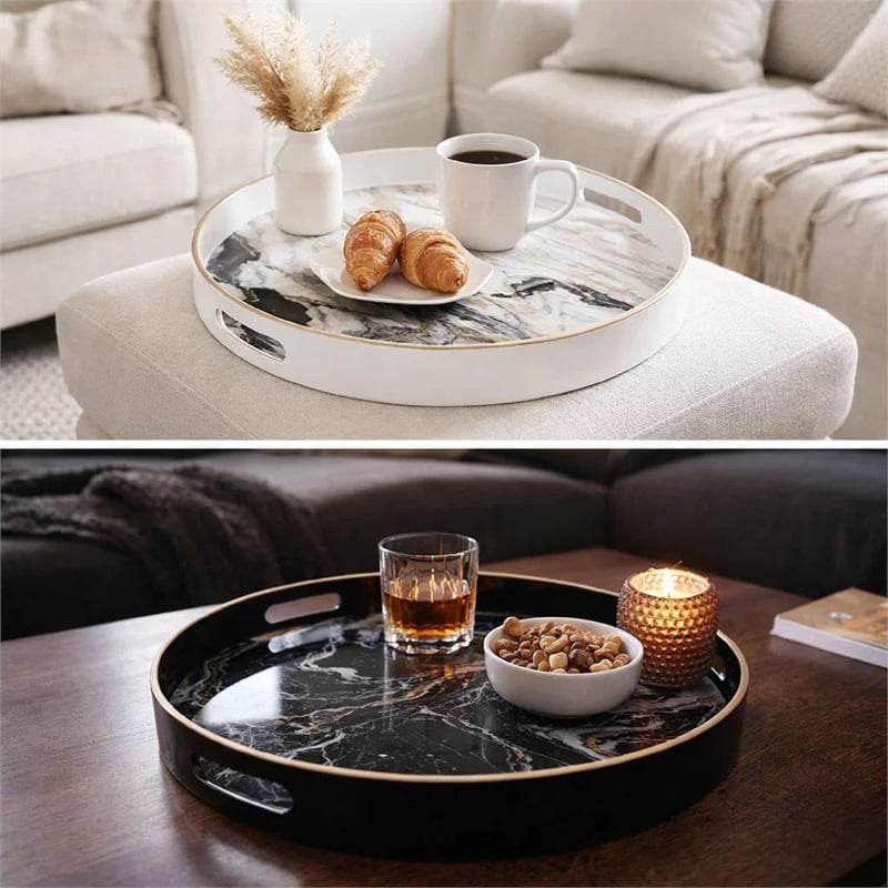 Pemberly Row Set of 2 Round Accent Trays Marbling Black White