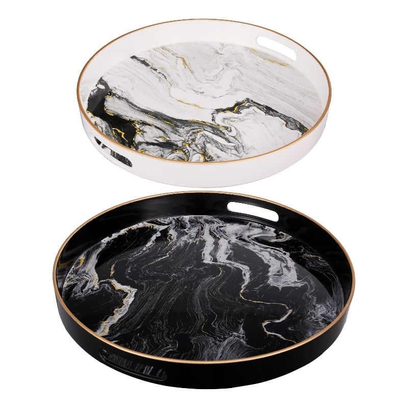 Pemberly Row Set of 2 Round Accent Trays Marbling Black White