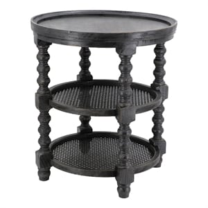 Pemberly Row 25&quot 3 Tier Side Table Fir Wood 2 Woven Wicker Shelves in Black