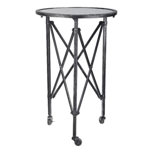Pemberly Row 27&quot Round Side Table Metal Body Glass Tabletop 3 Wheels Silver
