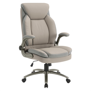 Pemberly Row Taupe Leather Big and Tall Chair Flip Arms Titanium Base