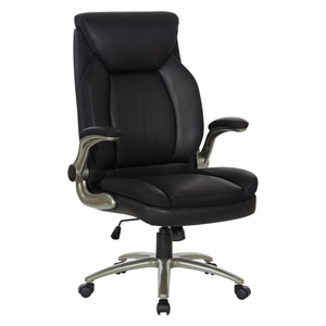Pemberly Row Black Leather Big and Tall Chair Flip Arms Titanium Base