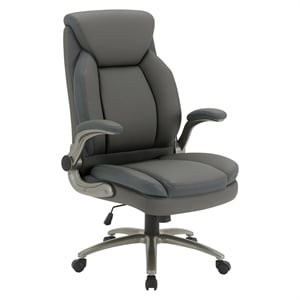 Pemberly Row Gray Leather Big and Tall Chair Padded Flip Arms Titanium Base