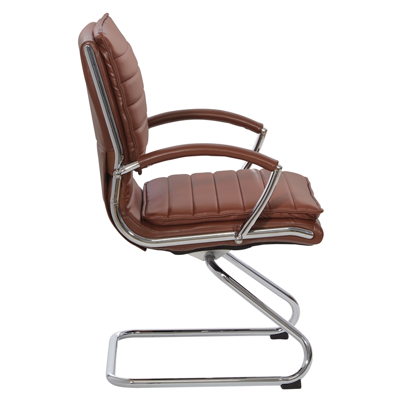 Pemberly Row Faux Leather Chair in Saddle Brown Chrome Base Arm Sleeves