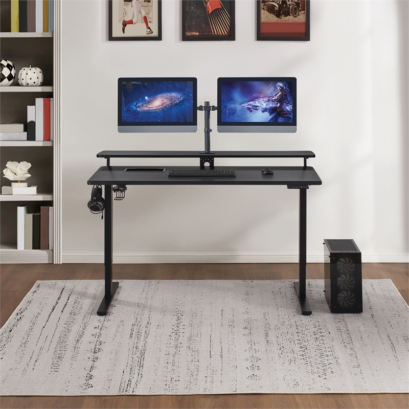 Pemberly Row 60 Inch Electric Height Adjustable Gaming Desk with Hutch