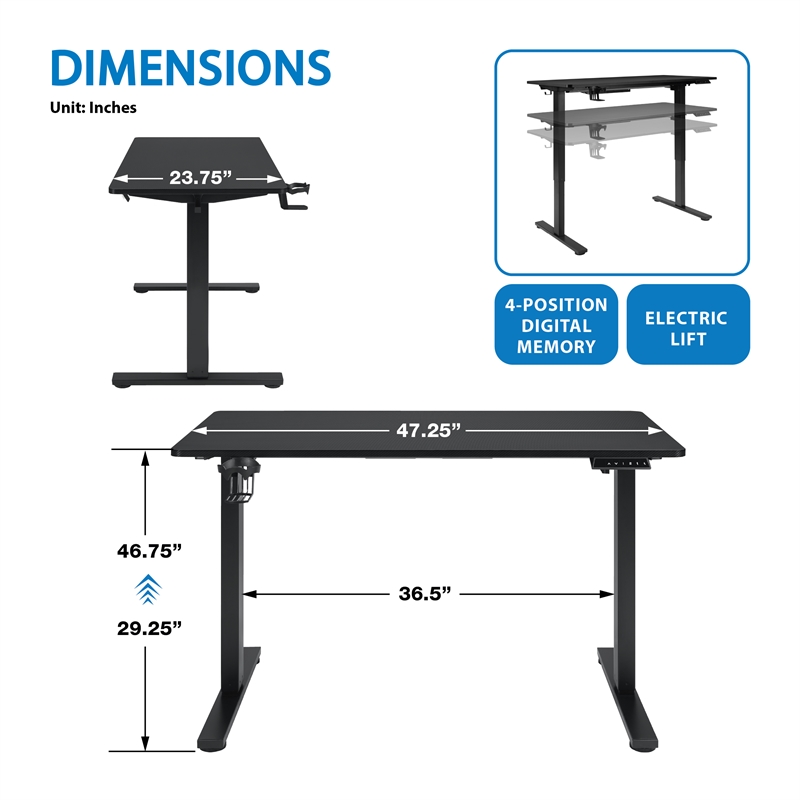 Pemberly Row 48 Inch Electric Height Adjustable Gaming Desk LED Lighting