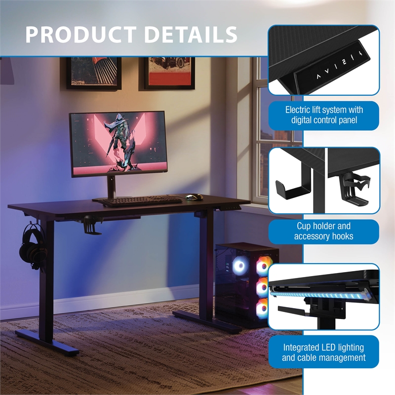 Pemberly Row 48 Inch Electric Height Adjustable Gaming Desk LED Lighting