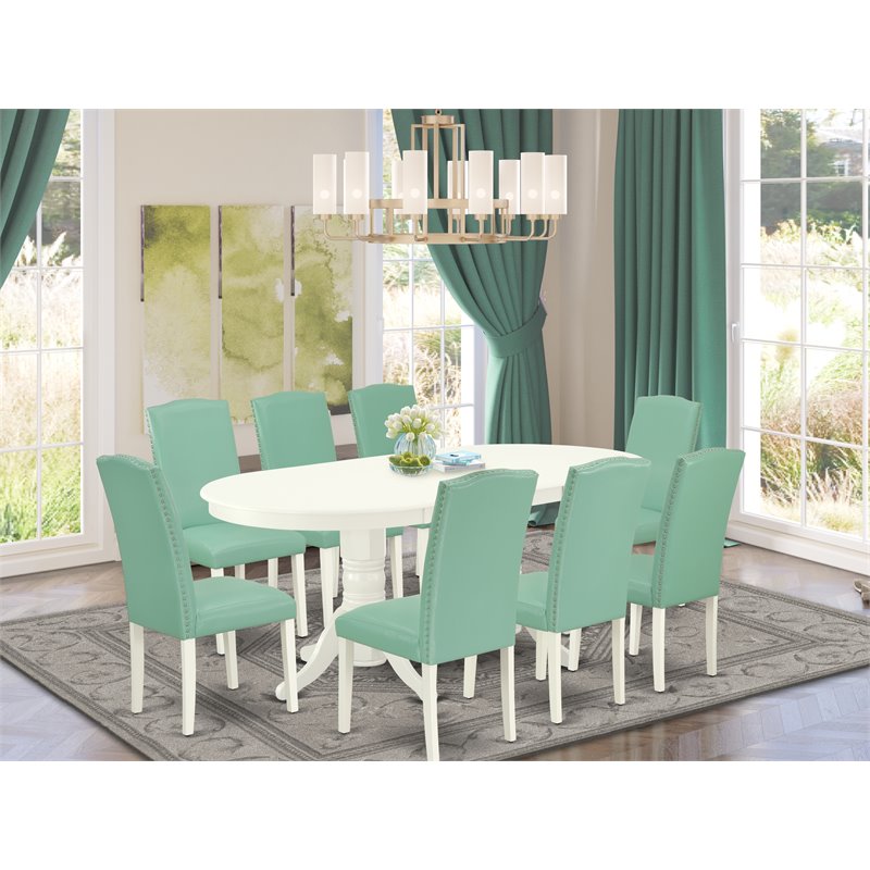 Pemberly Row 9-Piece Oval Wood Dining Set in Linen White and Pond Finish