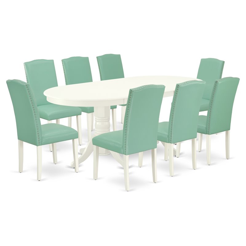 Pemberly Row 9-Piece Oval Wood Dining Set in Linen White and Pond Finish