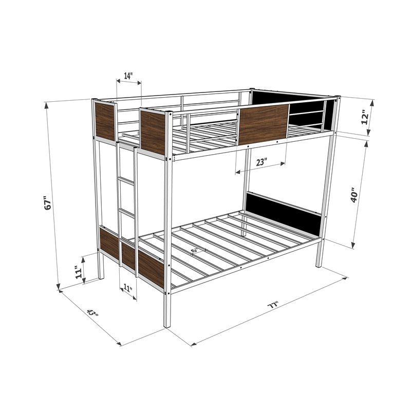 Pemberly Row Twin-Over-Twin Metal Bunk Bed with Ladder in Black