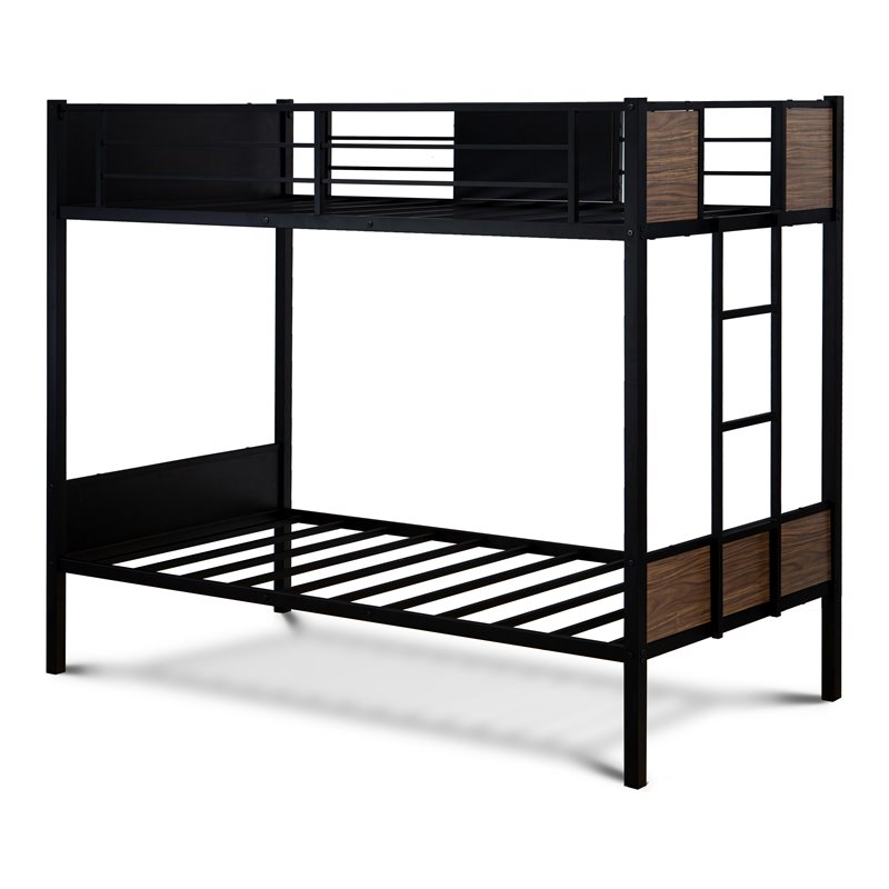 Pemberly Row Twin-Over-Twin Metal Bunk Bed with Ladder in Black
