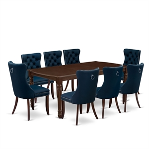 Pemberly Row 9-Piece Dining Set in Mahogany with Navy Blue Upholstery