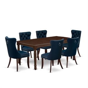 Pemberly Row 7-Piece Mahogany Dining Table Set w/ Navy Blue Upholstery
