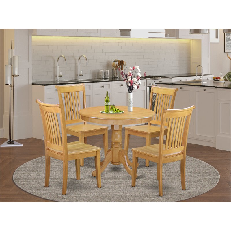 Pemberly Row Antique 5-Piece Wood Round Dining Set with Side Chairs in Oak