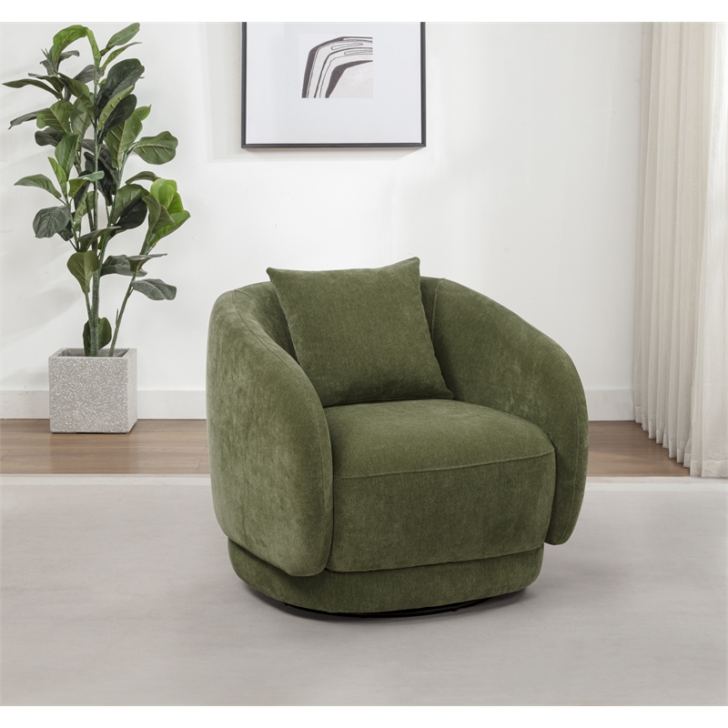 Pemberly Row Chenille Swivel Barrel Accent Chair with Pillow in Green