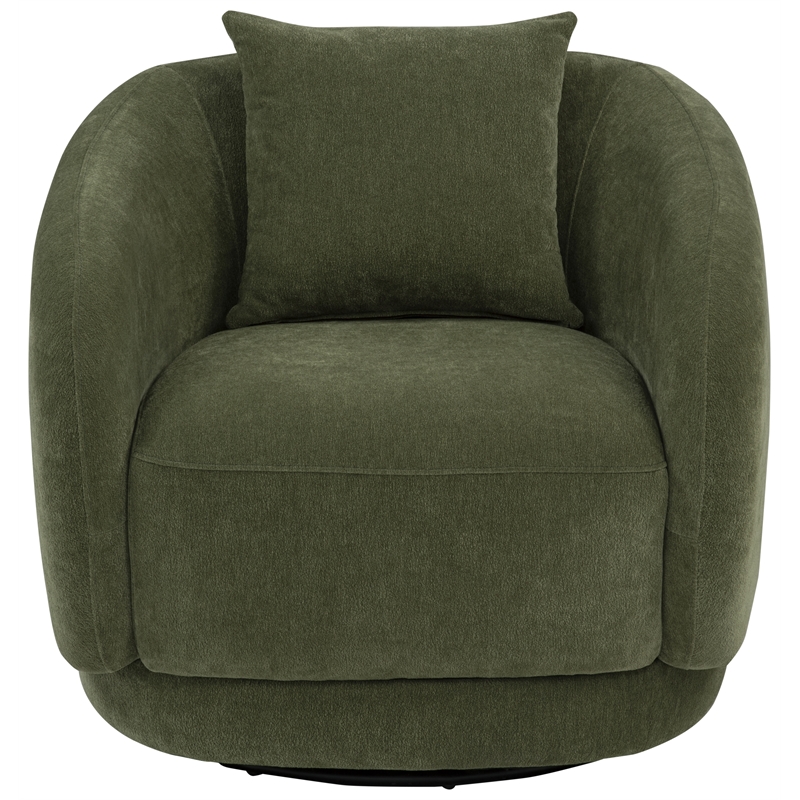 Pemberly Row Chenille Swivel Barrel Accent Chair with Pillow in Green