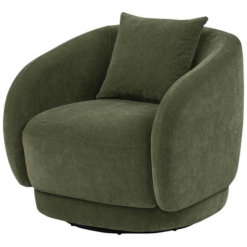 Pemberly Row Chenille Swivel Barrel Accent Chair with Pillow in Green