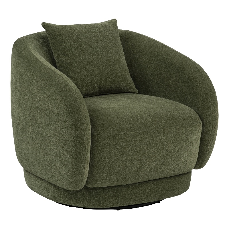 Pemberly Row Chenille Swivel Barrel Accent Chair with Pillow in Green