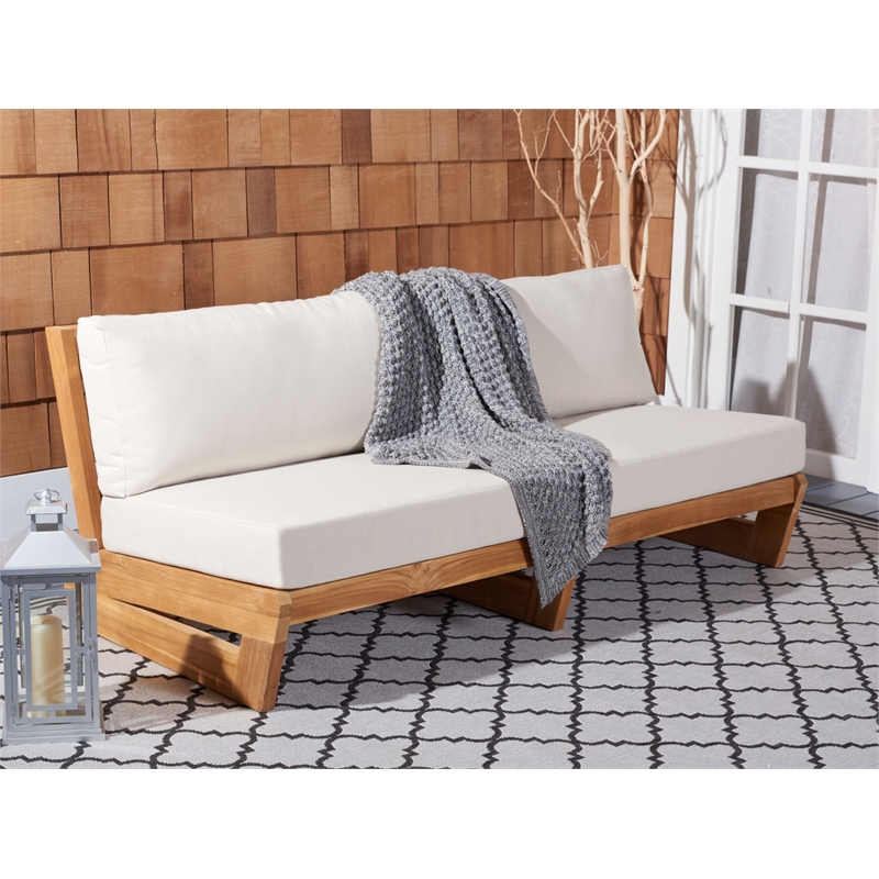 Pemberly Row Brazilian Teak Wood Patio Sofa in Natural and Beige