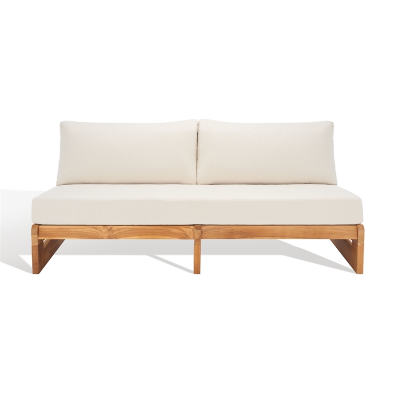 Pemberly Row Brazilian Teak Wood Patio Sofa in Natural and Beige