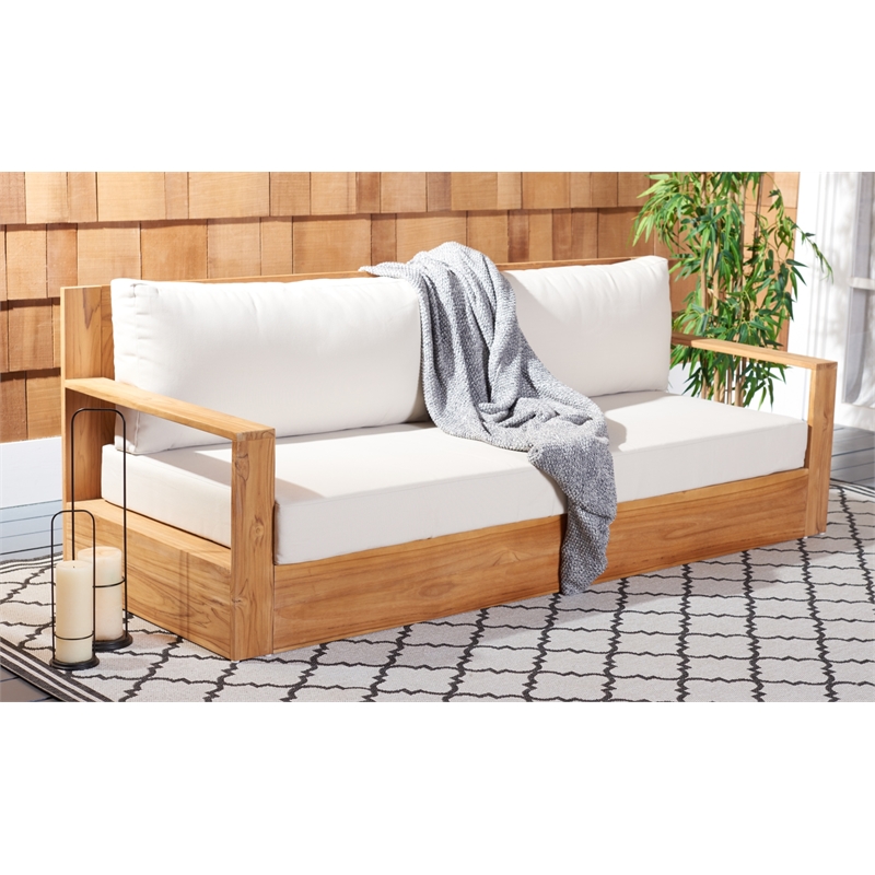 Pemberly Row Modern Brazilian Teak Patio Sofa in Natural and Beige