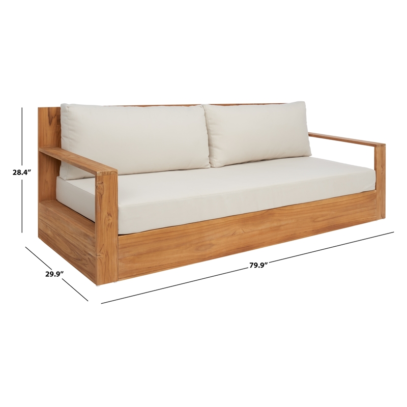 Pemberly Row Modern Brazilian Teak Patio Sofa in Natural and Beige