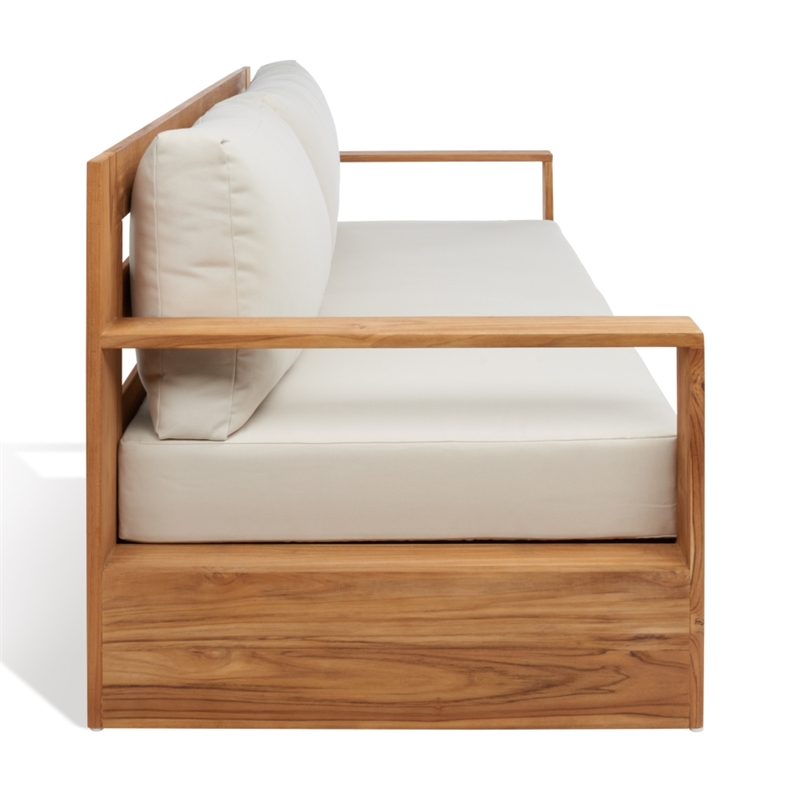 Pemberly Row Modern Brazilian Teak Patio Sofa in Natural and Beige
