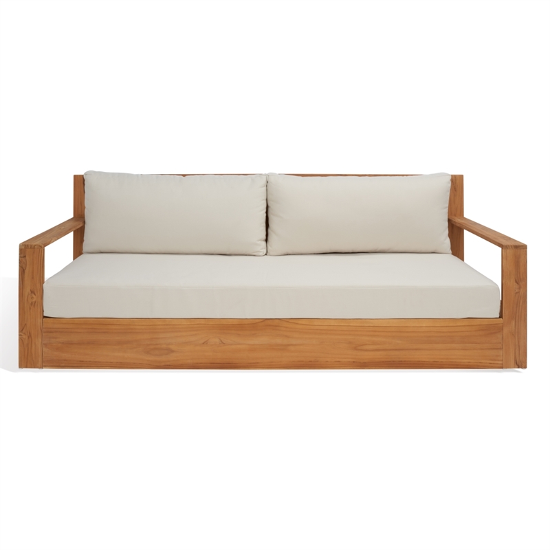 Pemberly Row Modern Brazilian Teak Patio Sofa in Natural and Beige