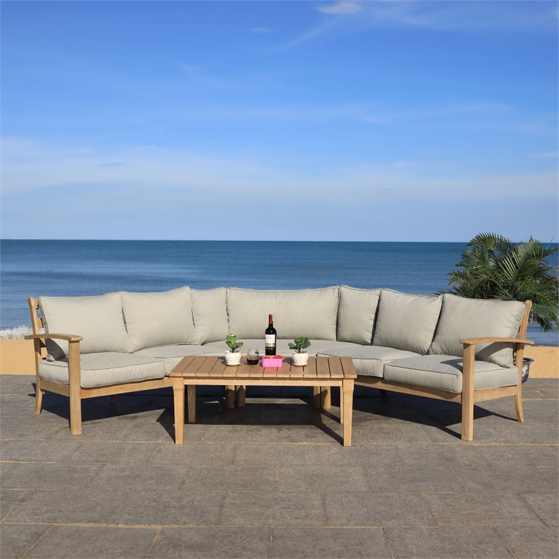 Pemberly Row Eucalyptus Wood Patio Sectional Sofa with Cushions in Natural